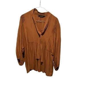 Zara Basics Blouse Top Women's Size L Brown Long Sleeve Knotted Neck Pullover